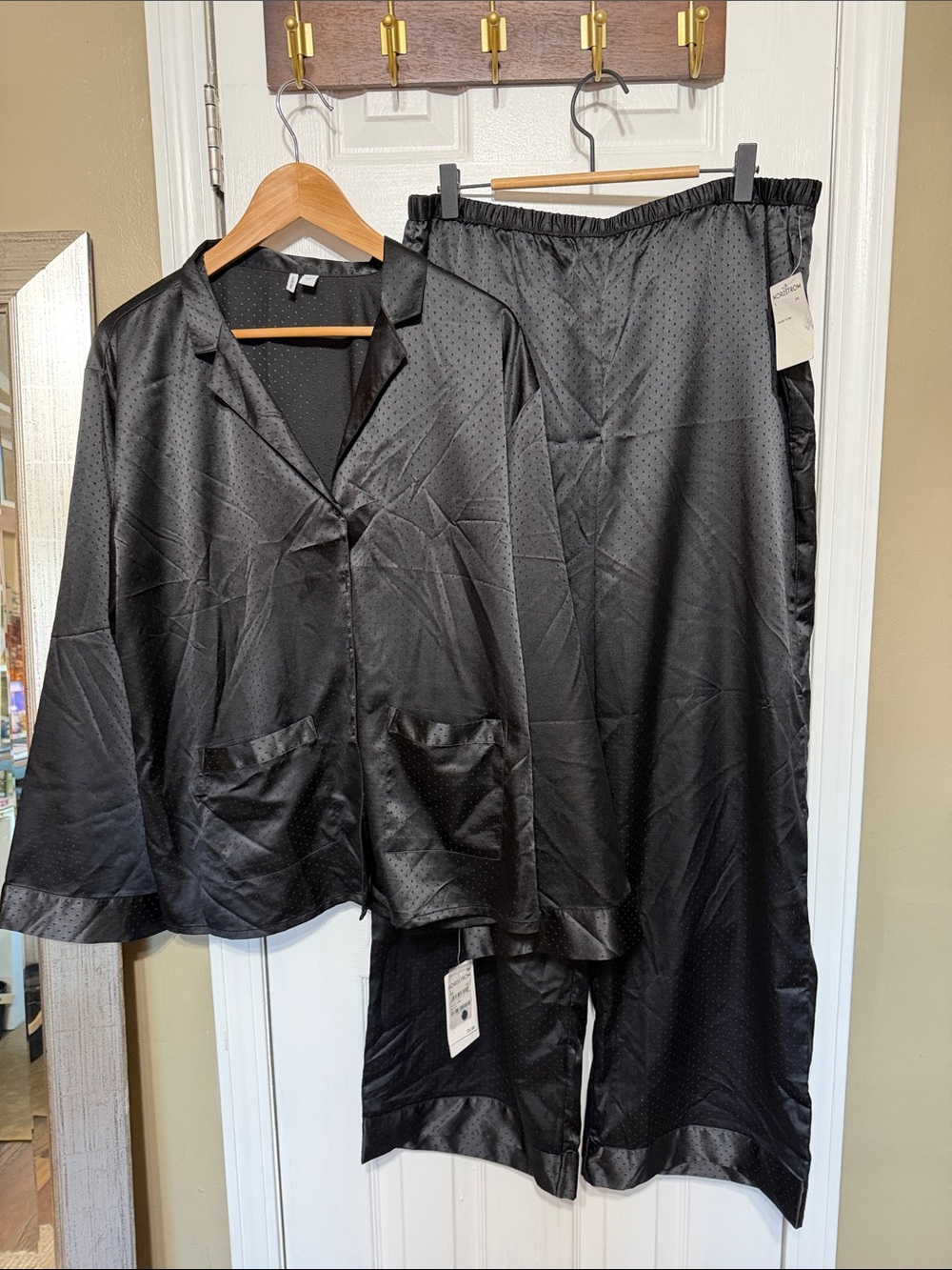 Nordstrom Black Satin Button-Front Pajama Set